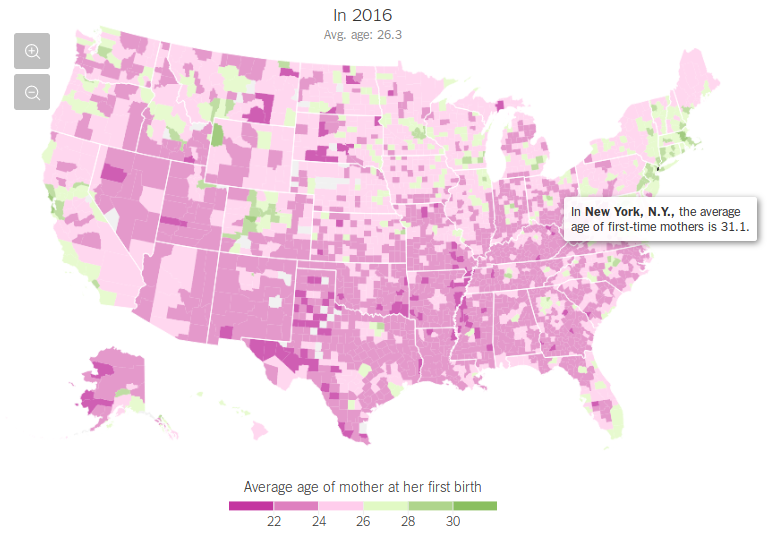 NYT map of first time mothers by US county