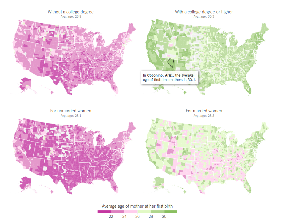 NYT map of first time mothers by education and marriage