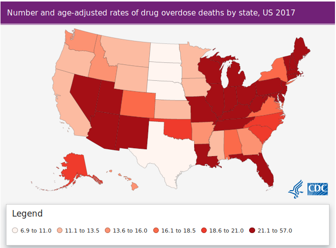 map of Number and age-adjusted rates of drug overdose deaths by state, US 2017